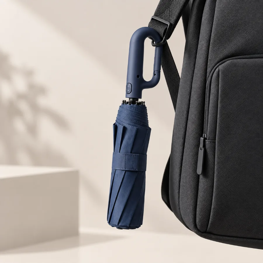 Pluvia fechado pendurado pelo gancho na alça de uma mochila