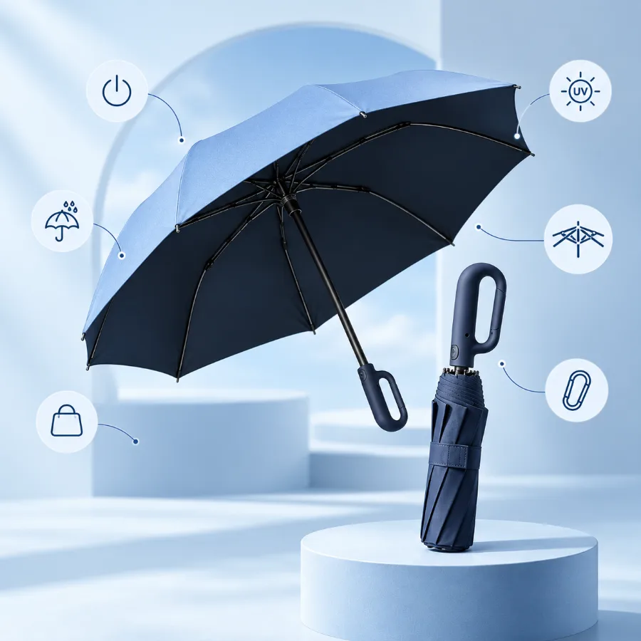 Pluvia com os recursos: abertura automática, proteção UV, impermeável, estrutura reforçada, gancho e compacto para a bolsa